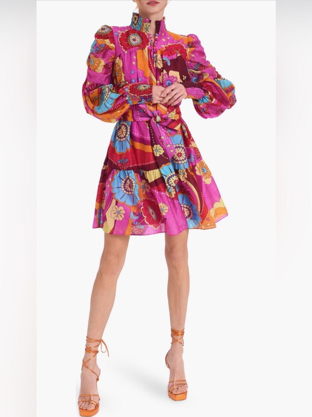 Fuchsia Floral Patchwork Long-Sleeve Tiered Dress
